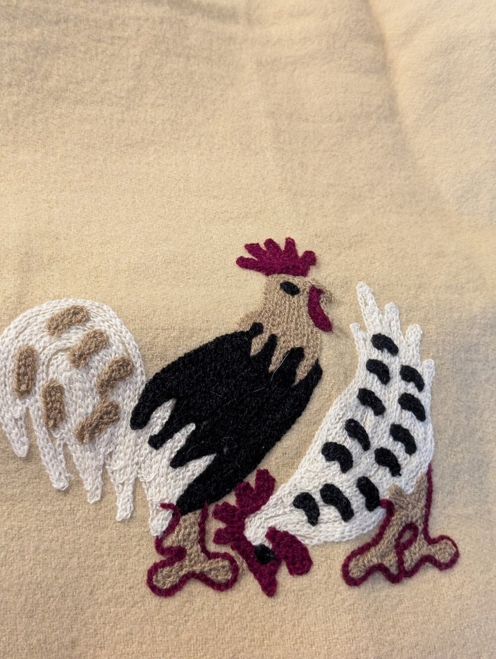Vintage Tan Burgundy Black White 100% Wool Rooster Throw Blanket 54" X 70